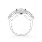 White Gold Marquise Cut Diamond Trio Halo Engagement Ring With Pear Shape Side Stone Prong Setting
